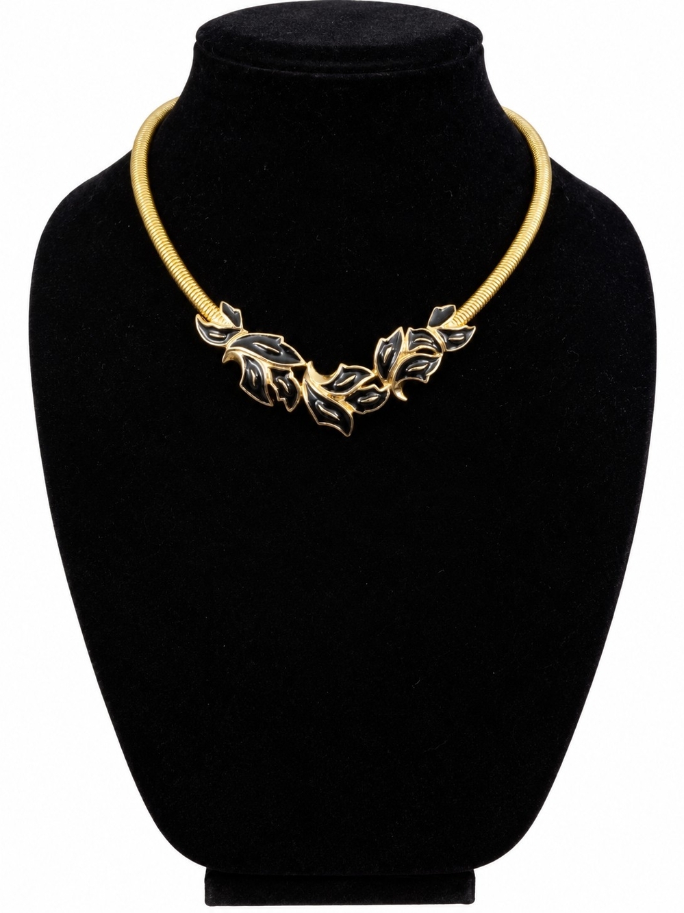 Vintage 1980s Trifari TM Black Enamel Leaf Omega Chain Necklace